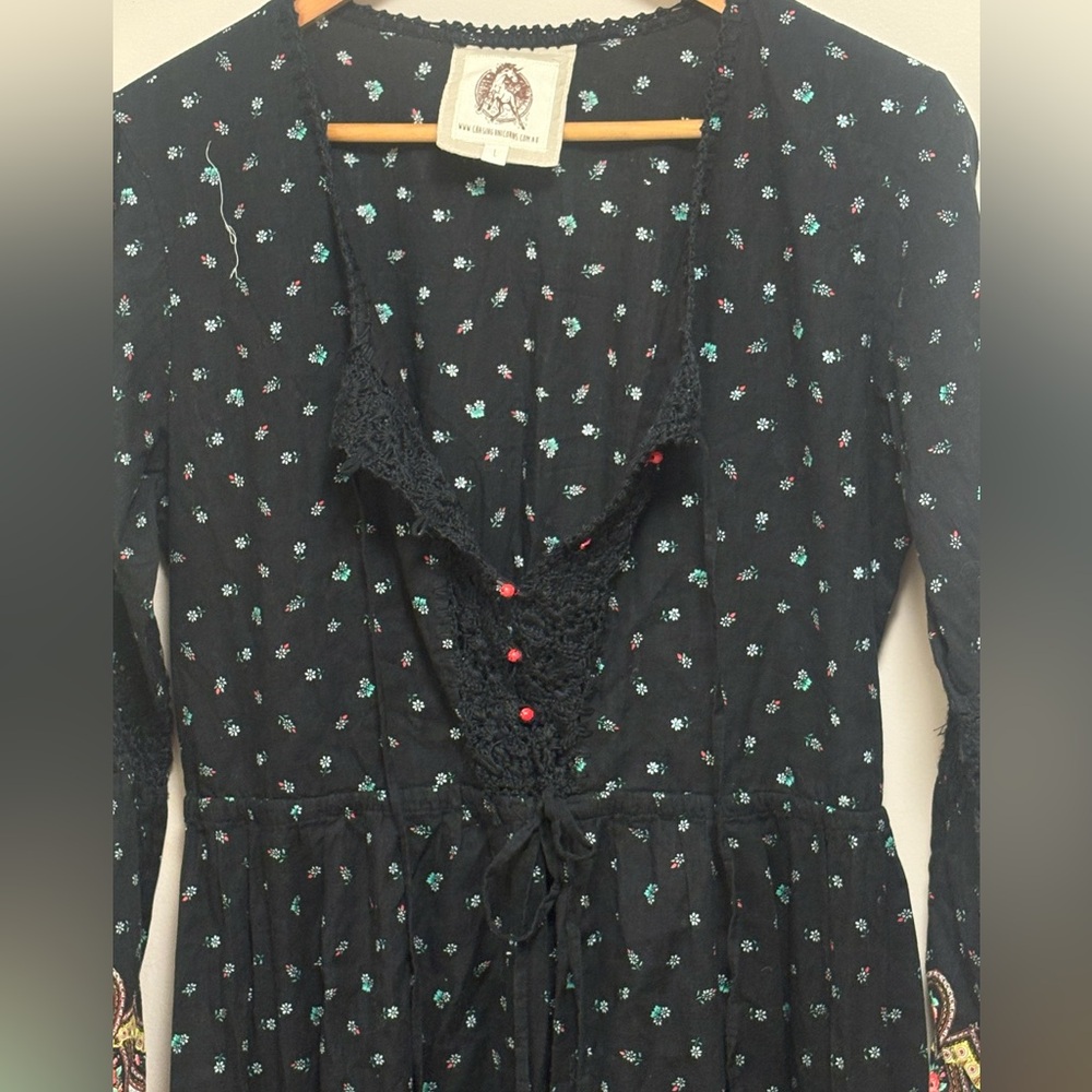 Chasing Unicorns Bohemian Black Floral Long Sleeve Dress size Large - Picture 9 of 13
